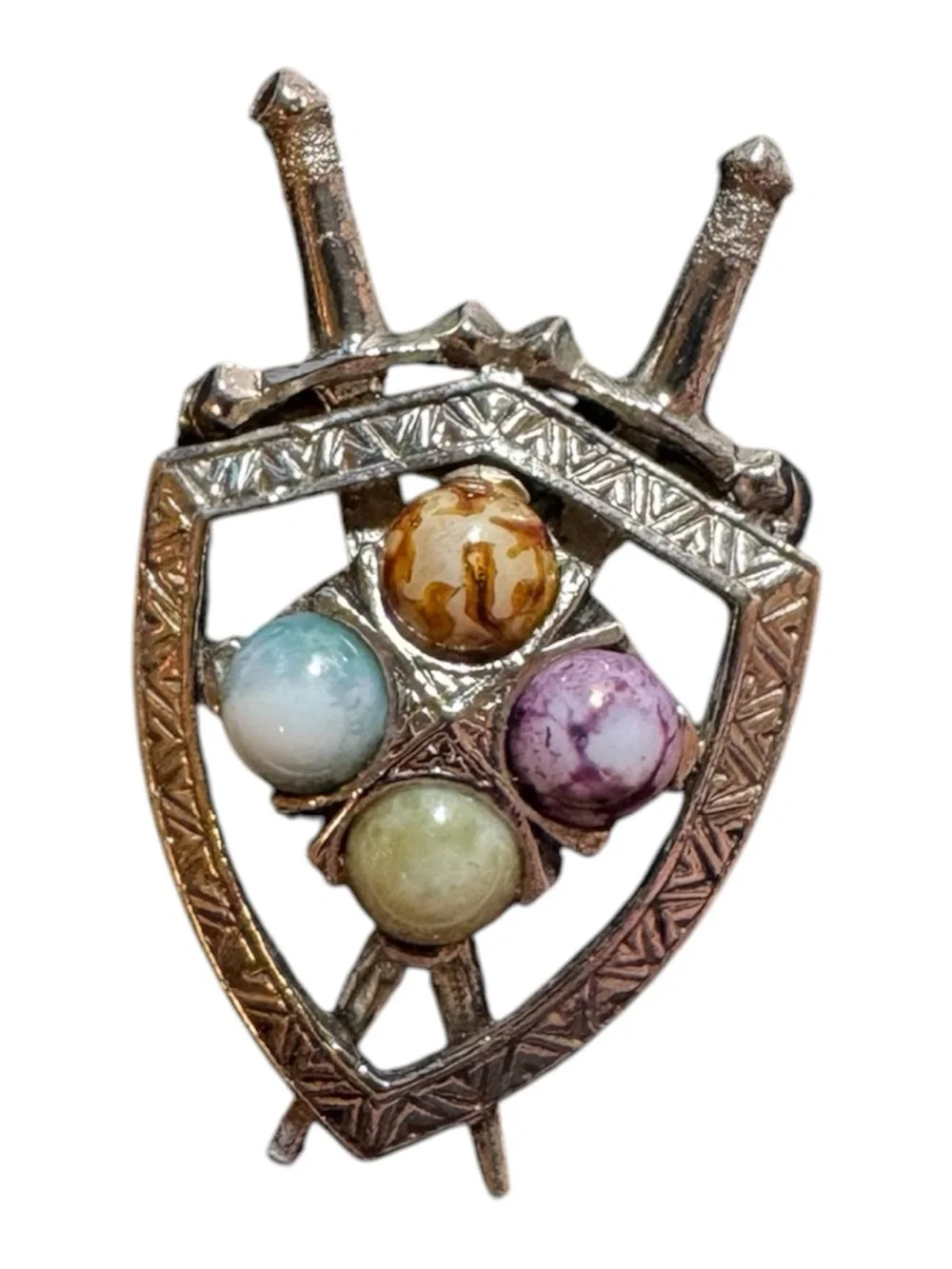 Multicolor Shield Pendant Brooch with Pastel Gem Beads